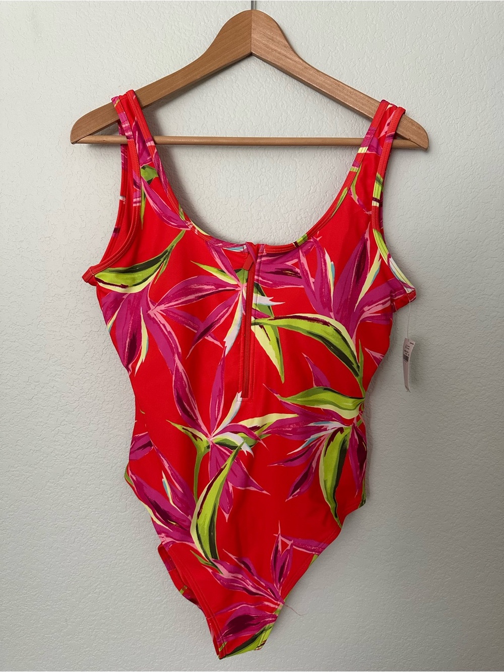 Women’s Red Tropical One-Piece Swimsuit with Front Zip